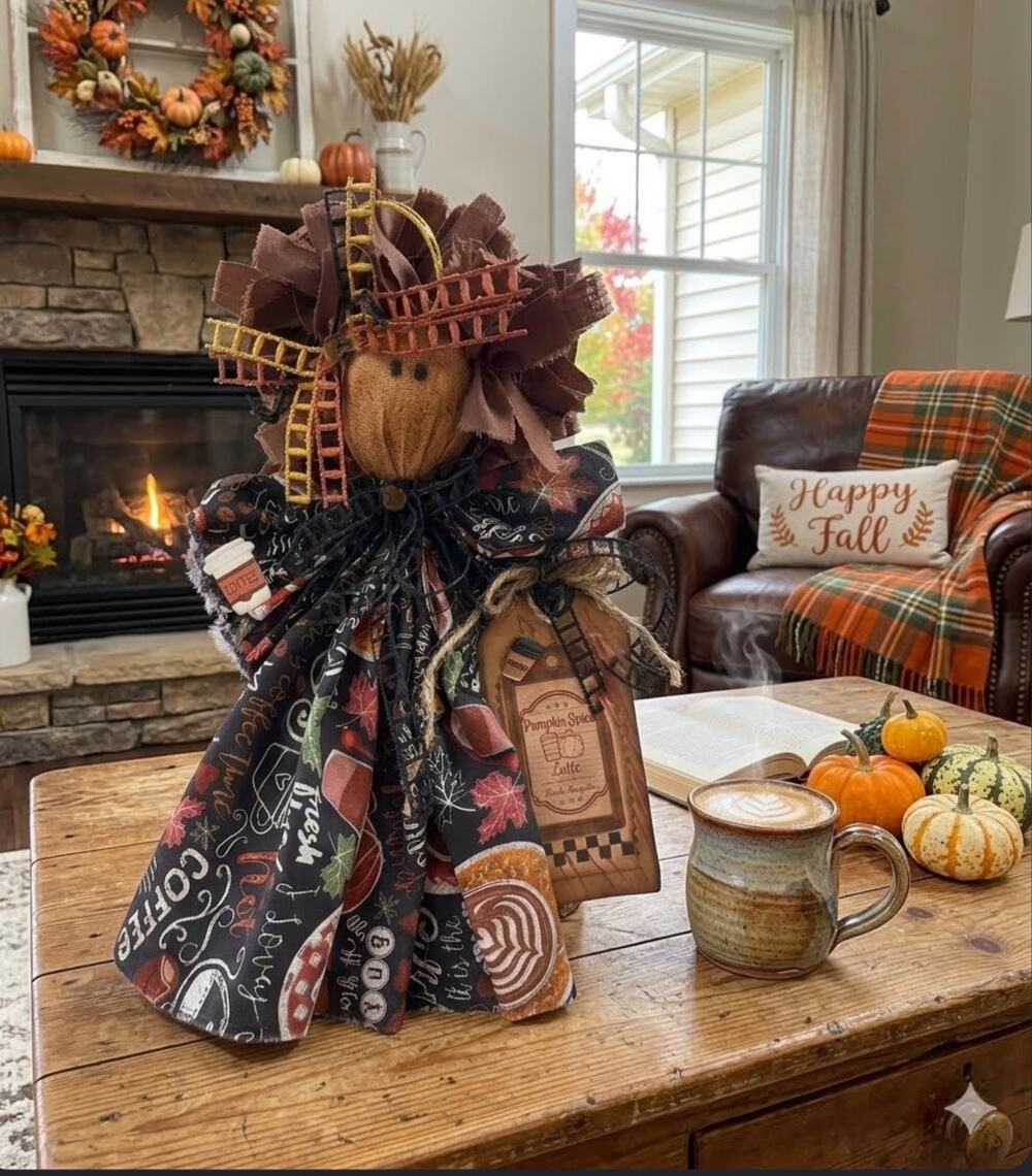 Handcrafted Primitive Fall Scarecrow Doll Coffee Shop Decor Autumn